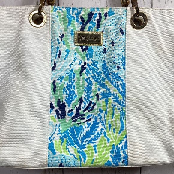Lilly Pulitzer White Spa Blue Canvas Island Tote Beach Bag - Picture 8 of 16